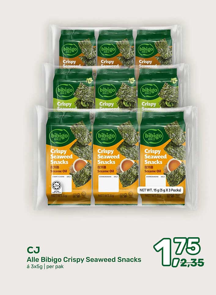 CJ Alle Bibigo Crispy Seaweed Snacks á 3x5g | per pak