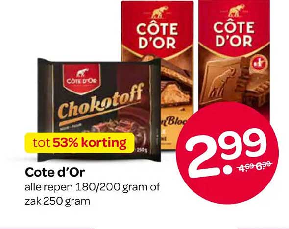 Cote d'Or alle repen 180/200 gram of zak 250 gram tot 53% korting