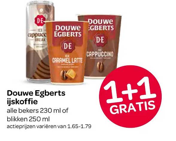 Douwe Egberts ijskoffie alle bekers 230 ml of blikken 250 ml 1+1 GRATIS
