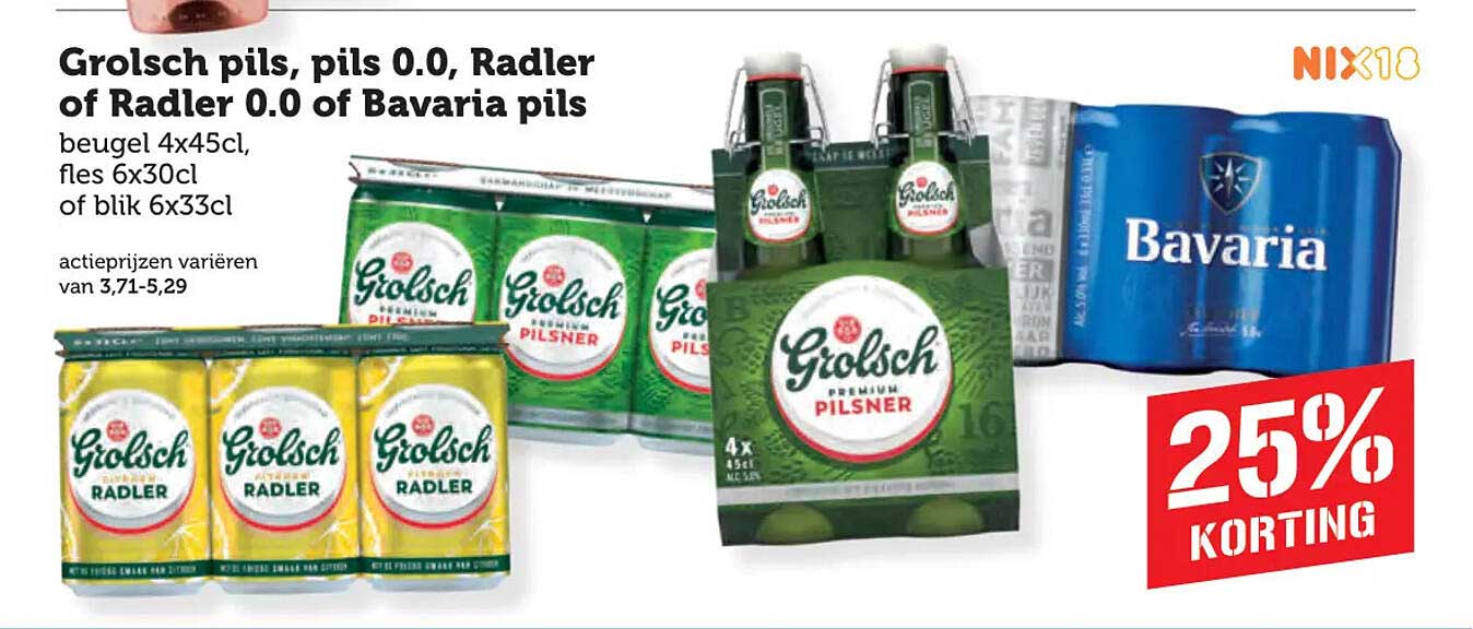 Grolsch pils, pils 0.0, Radler of Radler 0.0 of Bavaria pils 25% korting