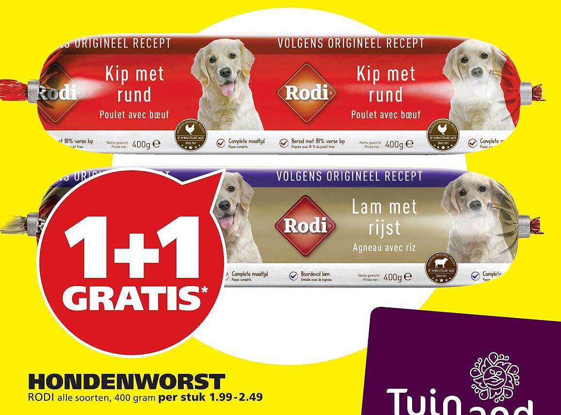 Hondenworst Rodi alle soorten, 400 gram per stuk 1+1 gratis