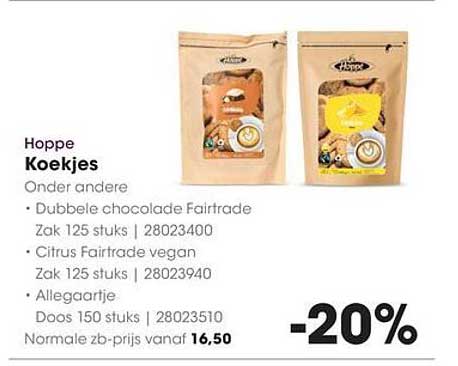 Hoppe Koekjes Onder andere • Dubbele chocolade Fairtrade • Citrus Fairtrade vegan • Allegaartje -20%