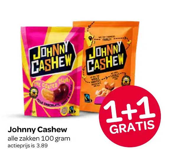 Johnny Cashew alle zakken 100 gram 1+1 GRATIS