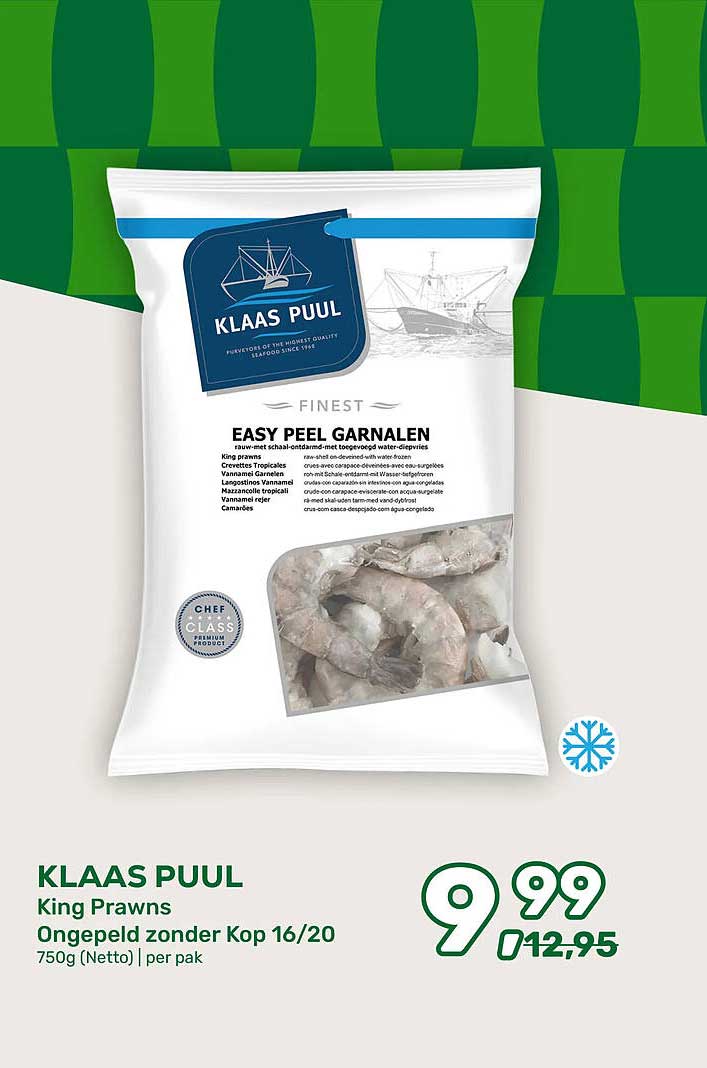 KLAAS PUUL King Prawns Ongepeld zonder Kop 16/20 750g (Netto) per pak