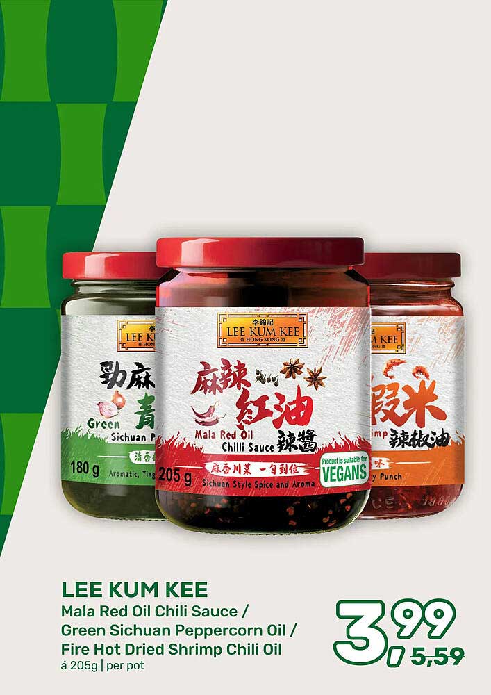 LEE KUM KEE Mala Red Oil Chili Sauce / Green Sichuan Peppercorn Oil / Fire Hot Dried Shrimp Chili Oil á 205g l per pot