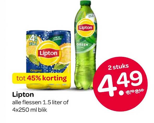 Lipton alle flessen 1.5 liter of 4x250 ml blik tot 45% korting 2 stuks