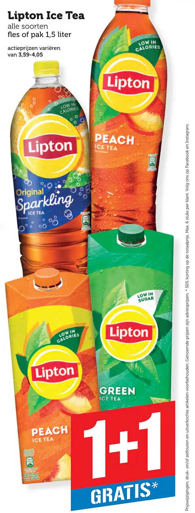 Lipton Ice Tea alle soorten fles of pak 1,5 liter 1+1 gratis