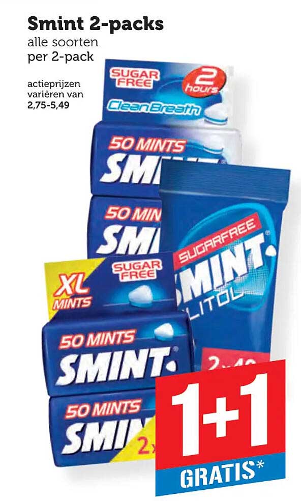 Smint 2-packs alle soorten per 2-pack 1+1 gratis