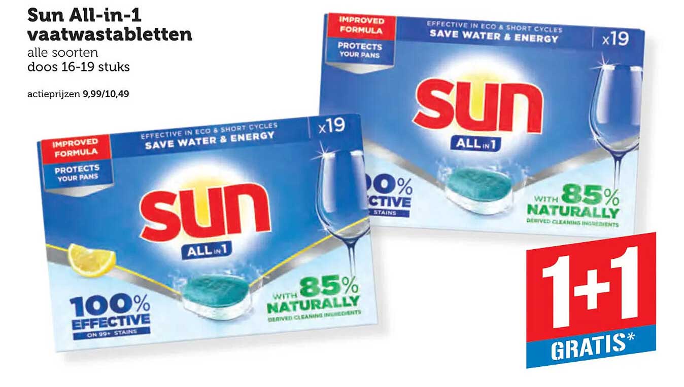 Sun All-in-1 vaatwastabletten alle soorten doos 16-19 stuks 1+1 gratis