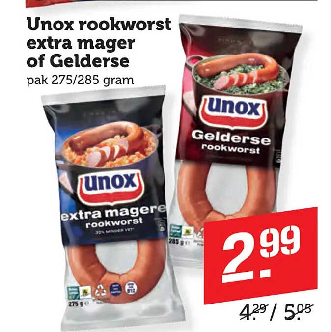Unox rookworst extra mager of Gelderse pak 275/285 gram