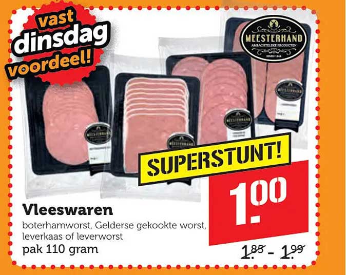 Vleeswaren boterhamworst, Gelderse gekookte worst, leverkaas of leverworst pak 110 gram SUPERSTUNT!