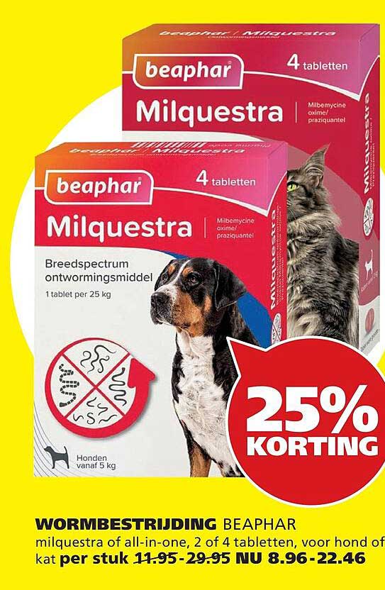 WORMBESTRIJDING BEAPHAR milquestra of all-in-one, 2 of 4 tabletten, voor uw hond of kat 25% KORTING