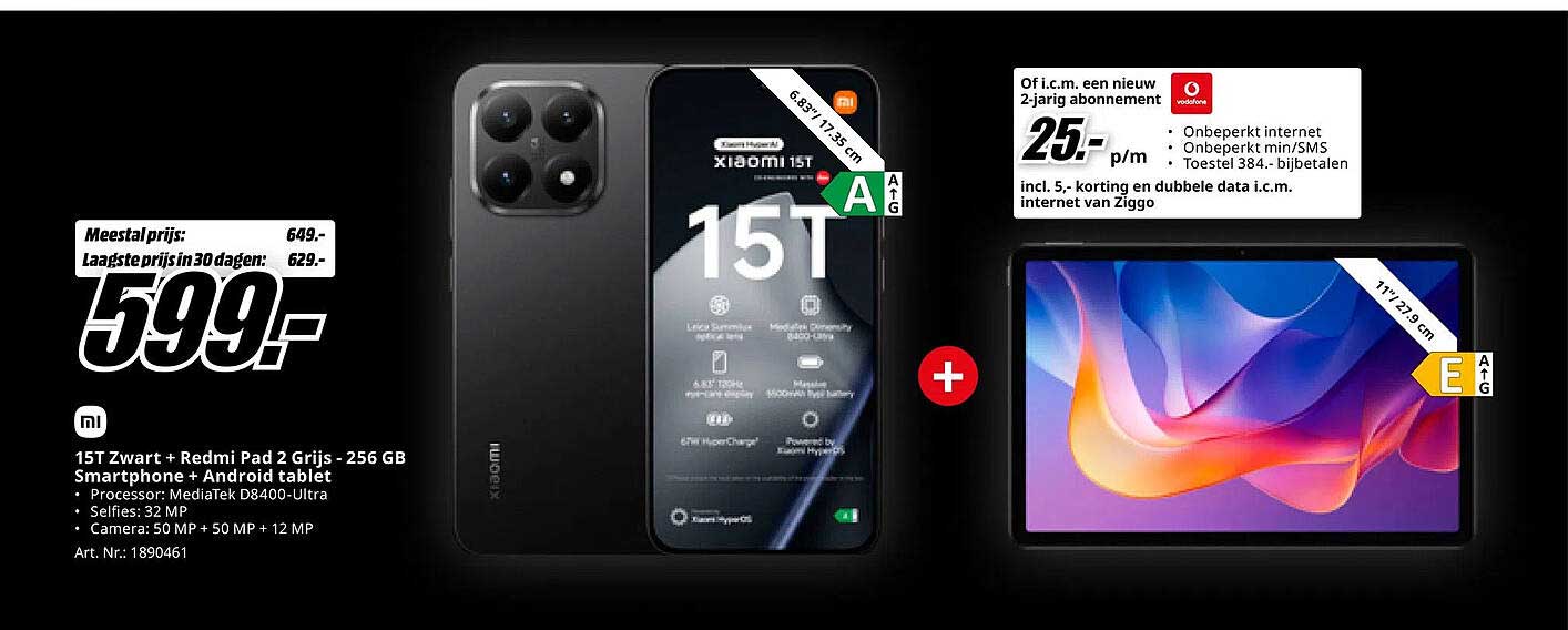 15T Zwart + Redmi Pad 2 Grijs - 256 GB Smartphone + Android tablet