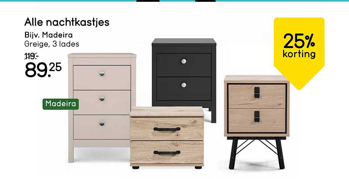 Alle nachtkastjes Bijv. Madeira Greige, 3 lades