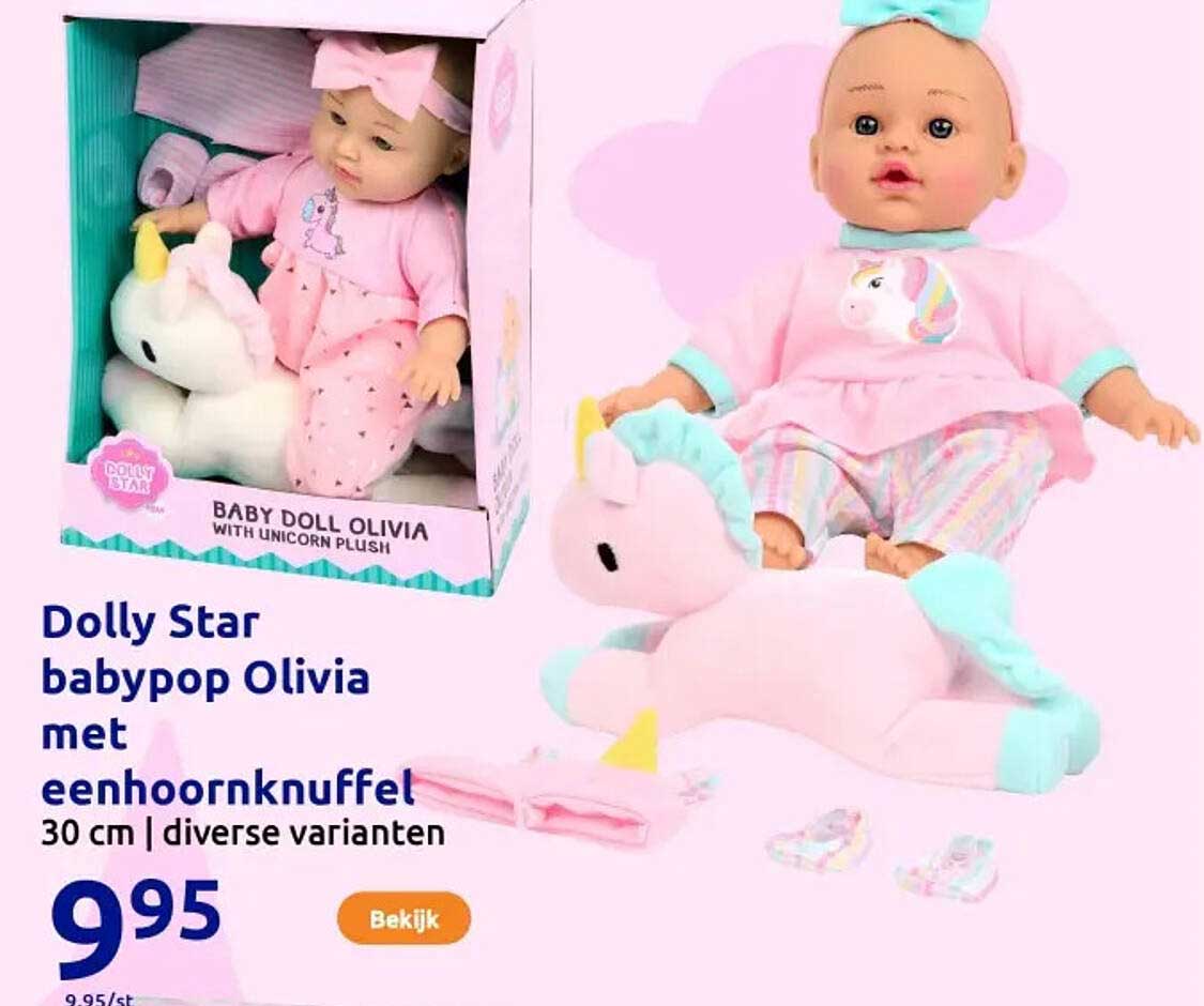 Dolly Star babypop Olivia met eenhoornknuffel
