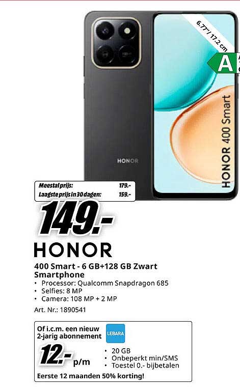 HONOR 400 Smart - 6 GB+128 GB Zwart Smartphone