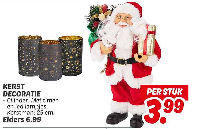 KERST DECORATIE - Cilinder: Met timer en led lampjes. - Kerstman: 25 cm.