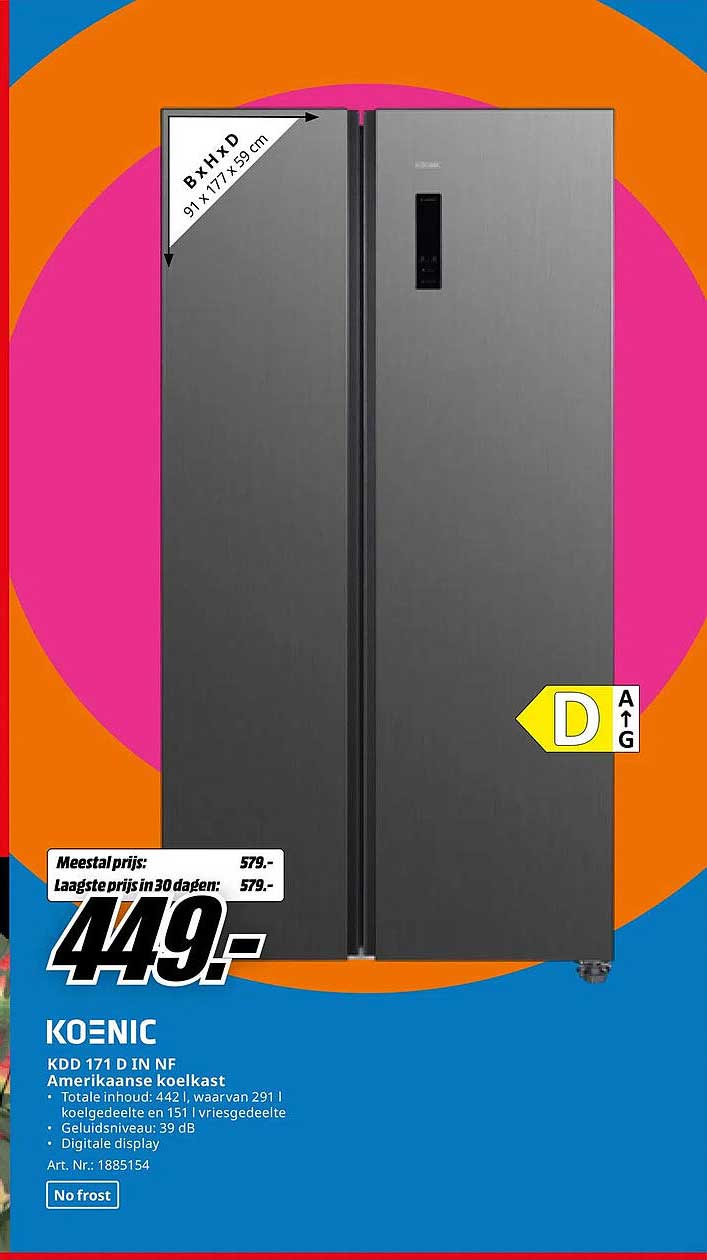 KOENIC KDD 171 D IN NF Amerikaanse koelkast