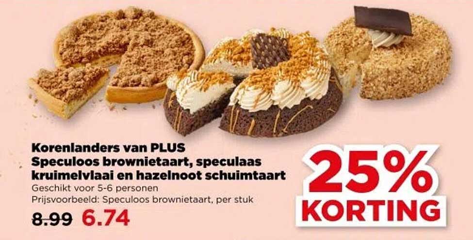 Korenlanders van PLUS Speculoos brownietaart, speculaas kruimelvlaai en hazelnoot schuimtaart
