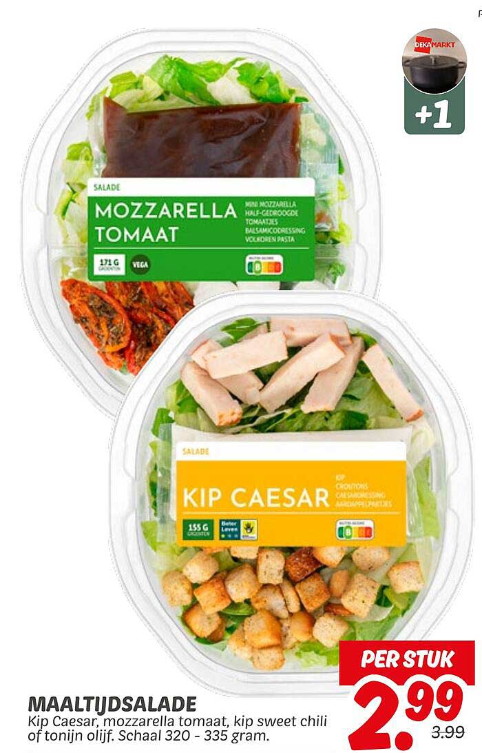 MAALTIJDSALADE Kip Caesar, mozzarella tomaat, kip sweet chili of tonijn olijf. Schaal 320 - 335 gram.