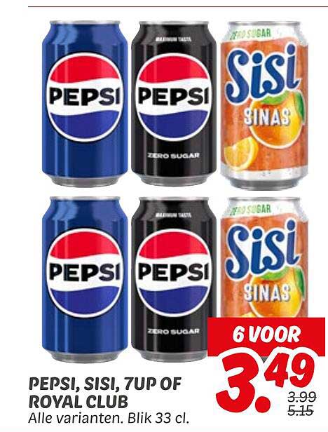 PEPSI, SISI, 7UP OF ROYAL CLUB - 6 VOOR 3.49