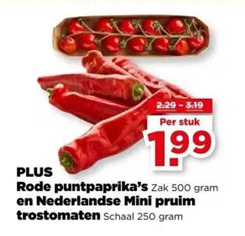 PLUS Rode puntpaprika’s Zak 500 gram en Nederlandse Mini pruim tomaten Schaal 250 gram