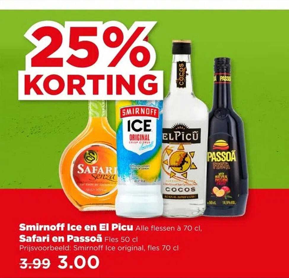 Smirnoff Ice en El Picu Alle flessen à 70 cl, Safari en Passoã Fles 50 cl
