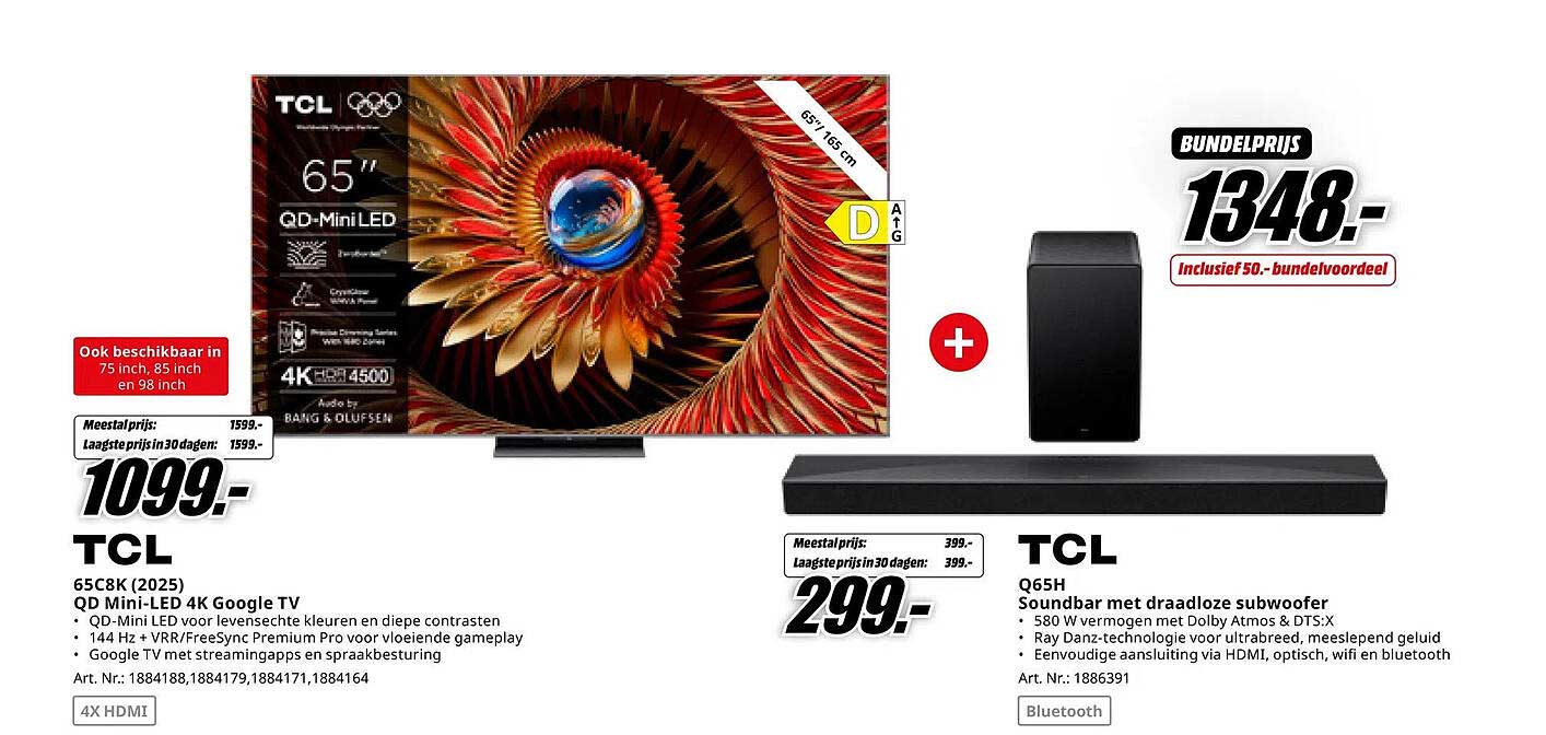 TCL 65C8K (2025) QD Mini-LED 4K Google TV + TCL Q65H Soundbar met draadloze subwoofer
