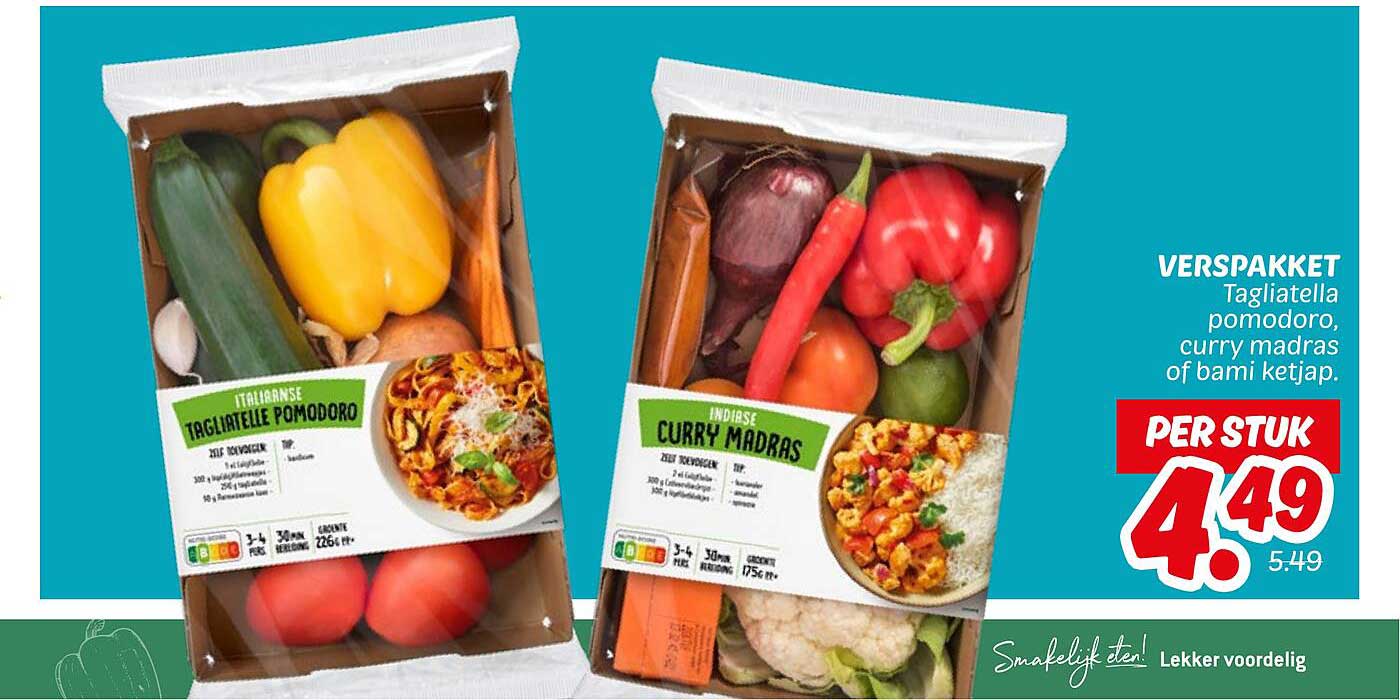 VERSPAKKET Tagilatella Pomodoro, Curry Madras of Bami Ketjap.