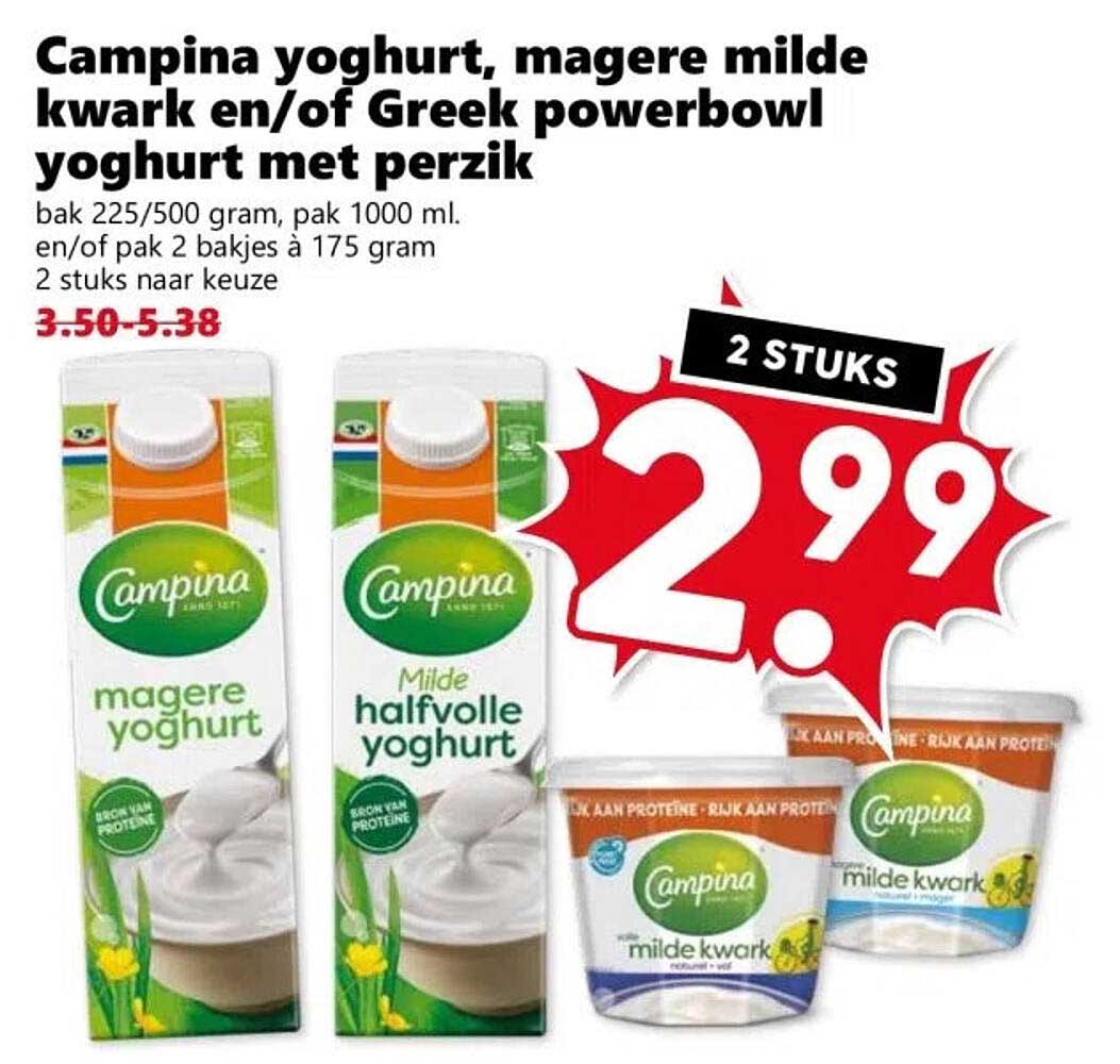 Campina yoghurt, magere milde kwark en/of Greek powerbowl yoghurt met perzik
