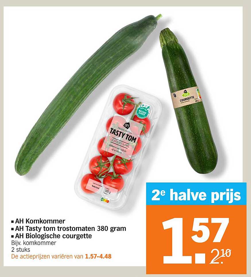 AH Komkommer  
AH Tasty tom trostomaten 380 gram  
AH Biologische courgette