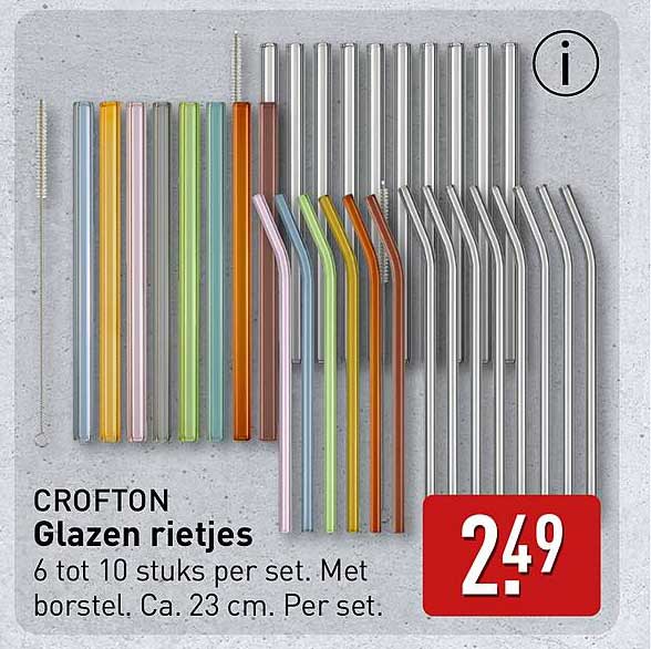 CROFTON Glazen rietjes 6 tot 10 stuks per set. Met borstel. Ca. 23 cm. Per set.