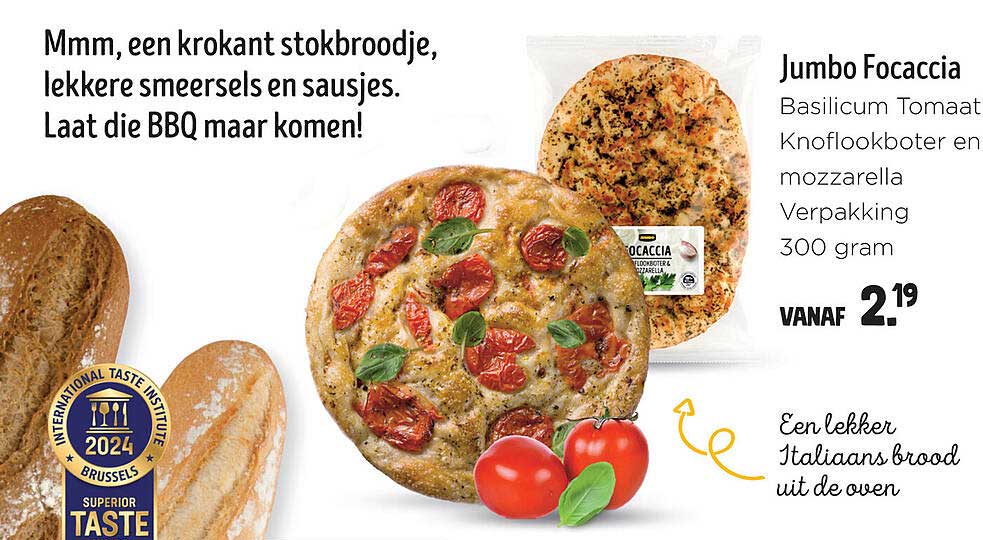 Jumbo Focaccia Basilicum Tomaat Knoflookboter en mozzarella Verpakking 300 gram