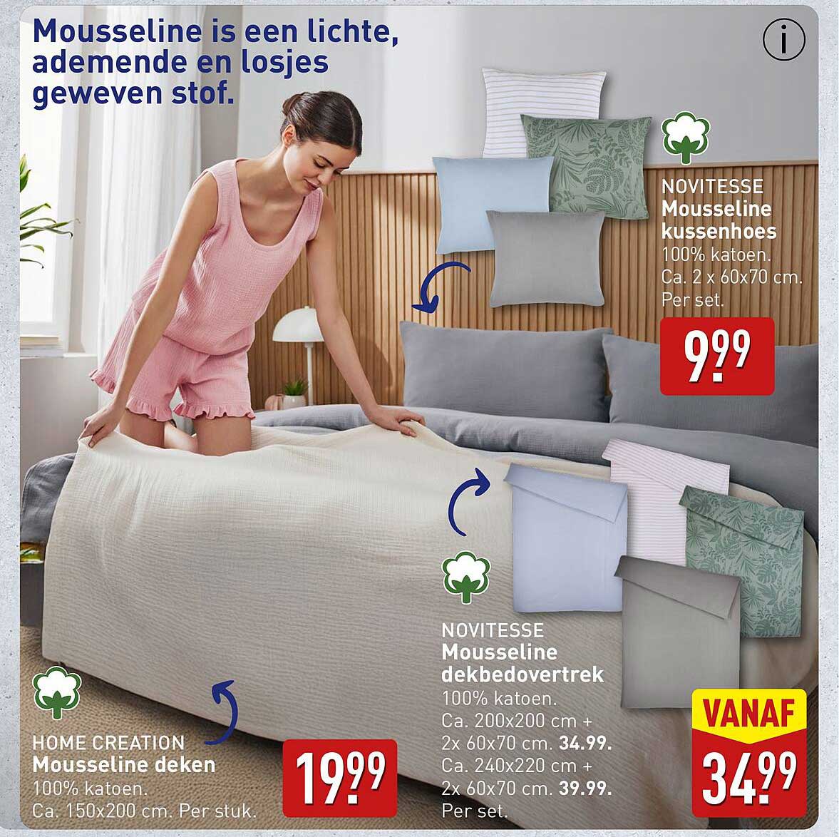 NOVITESSE Mousseline dekbedovertrek 100% katoen. Ca. 200x200 cm + 2x 60x70 cm. Per set. Vanaf 34.99.