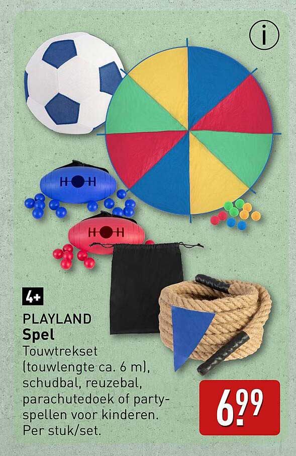 PLAYLAND Spel Touwtrekset (touwlengte ca. 6 m), schudbal, reuzebal, parachutedoek of party-spellen voor kinderen. Per stuk/set.