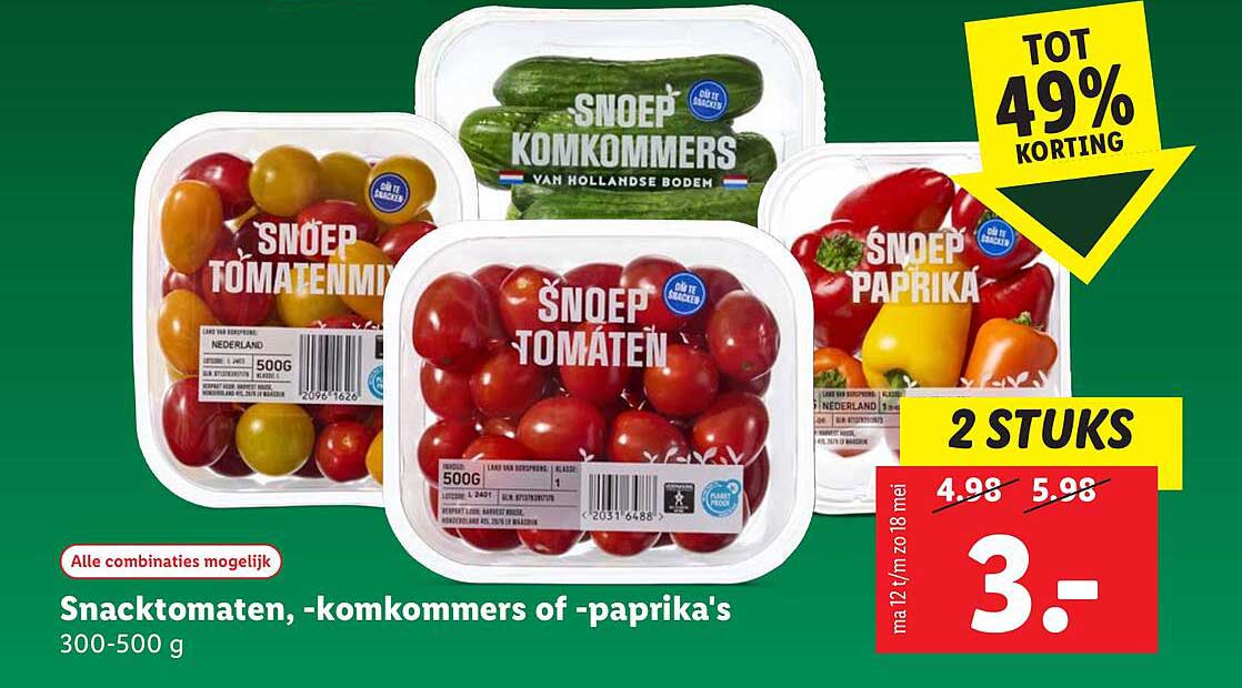 Snacktomaten, -komkommers of -paprika's 300-500 g
