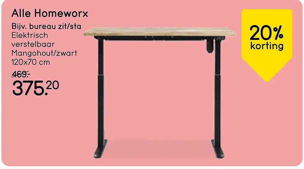 Alle Homeworx Bijv. bureau zit/statafel Elektrisch verstelbaar Mangohout/zwart 120x70 cm