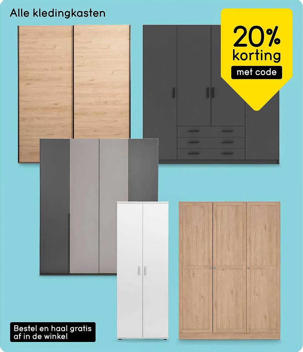 Alle kledingkasten 20% korting met code