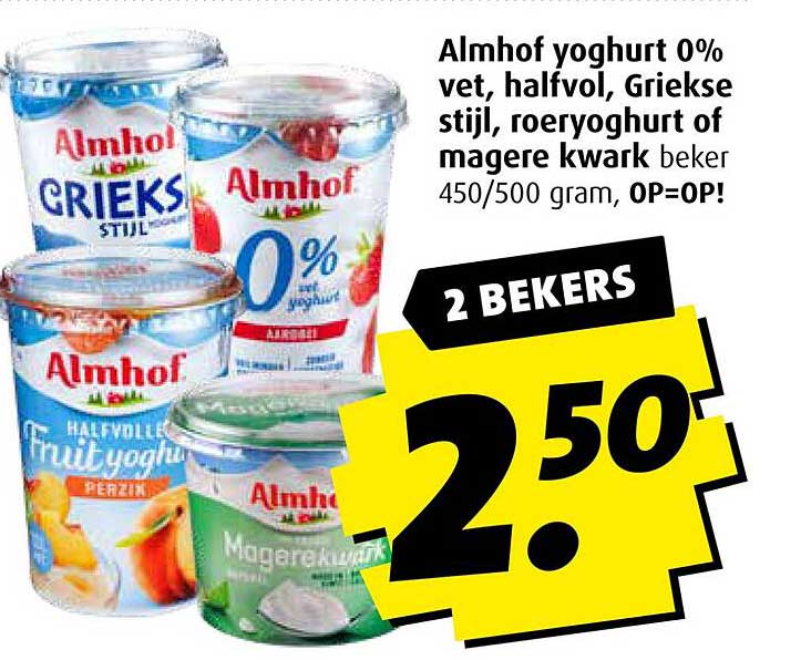 Almhof yoghurt 0% vet, halfvol, Griekse stijl, roeryoghurt of magere kwark beker 450/500 gram, OP=OP!