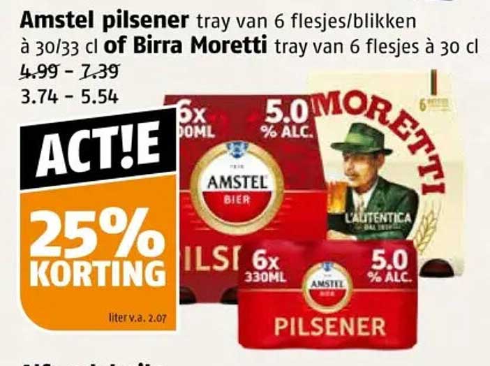 Amstel pilsen tray van 6 flesjes/blikken à 30/33 cl of Birra Moretti tray van 6 flesjes à 30 cl