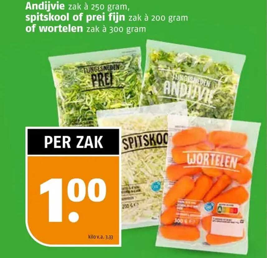 Andijvie zak à 250 gram, spitskool of prei fijn zak à 200 gram of wortelen zak à 300 gram