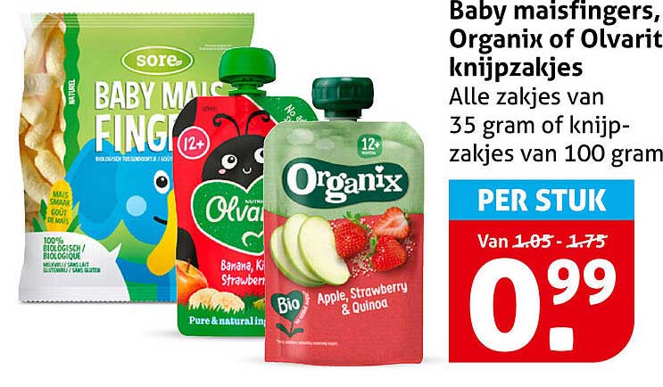 Baby maisfingers, Organix of Olvarit knijpzakjes