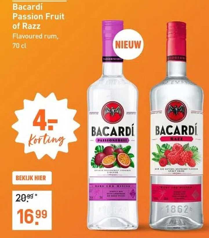 Bacardí Passion Fruit of Razz, 70 cl, nu met €4,- korting!