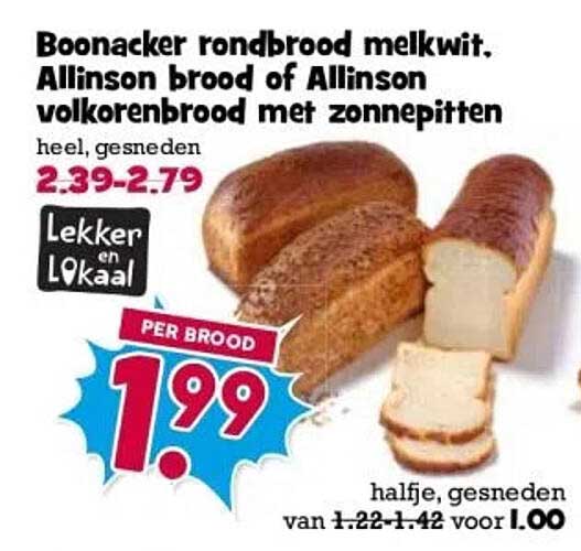 Boonacker rondbrood melkwit, Allinson brood of Allinson volkorenbrood met zonnebloempitten