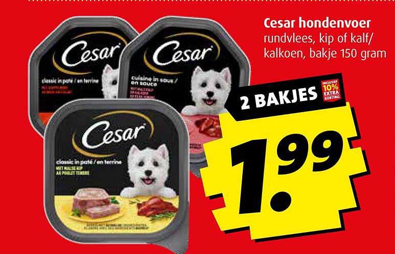 Cesar hondenvoer rundvlees, kip of kalf/kalkoen, bakje 150 gram