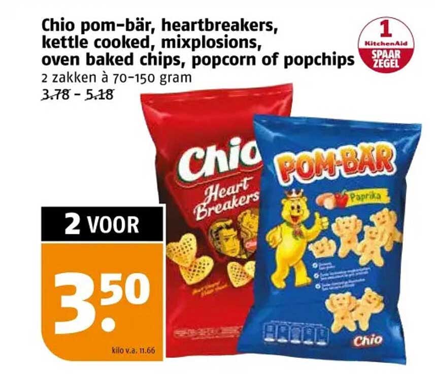 Chio pom-bär, heartbreakers, kettle cooked, mixplosions, oven baked chips, popcorn of popchips