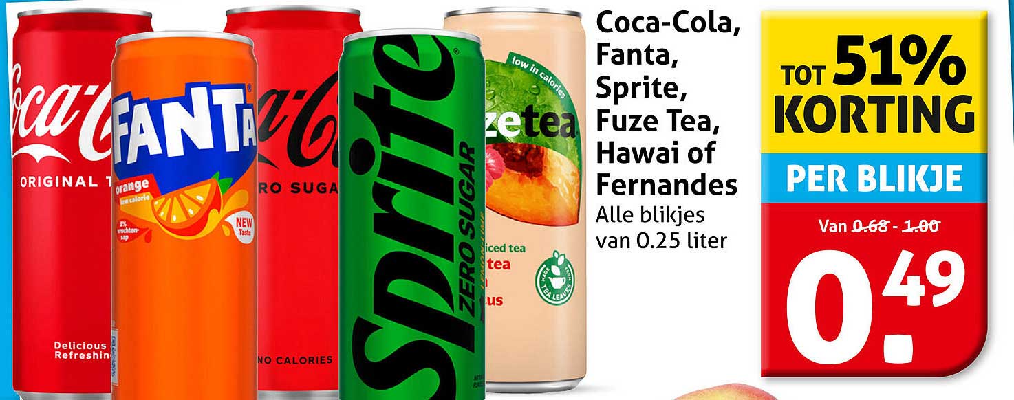 Coca-Cola, Fanta, Sprite, Fuze Tea, Hawaii of Fernades Alle blikjes van 0.25 liter