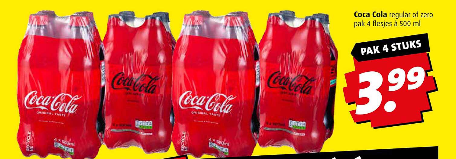 Coca Cola regular of zero pak 4 flesjes à 500 ml