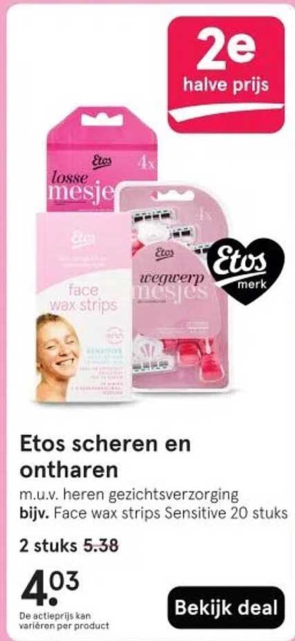 Etos scheren en ontharen m.u.v. heren gezichtsverzorging bijv. Face wax strips Sensitive 20 stuks