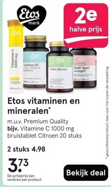 Etos vitaminen en mineralen* m.u.v. Premium Quality bijv. Vitamine C 1000 mg bruistablet Citroen 20 stuks